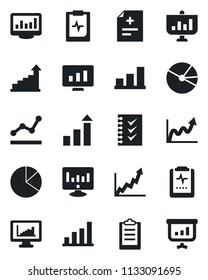 Set of vector isolated black icon - growth statistic vector, monitor, diagnosis, pulse clipboard, statistics, bar graph, pie, checklist, point, presentation