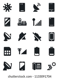 Set of vector isolated black icon - satellite antenna vector, mobile phone, virus, cell, low battery, back, sim, mute, cellular signal, office, sun panel