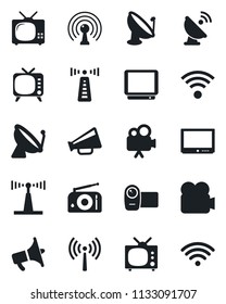 Set of vector isolated black icon - antenna vector, satellite, radio, loudspeaker, tv, video camera, wireless