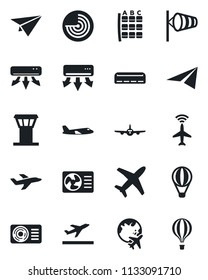 Set of vector isolated black icon - airport tower vector, plane radar, departure, wind, seat map, globe, air conditioner, paper, balloon