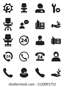 Set of vector isolated black icon - 24 around vector, office chair, phone, hours, support, speaker, radio, call, root setup, palm sproute