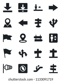 Set of vector isolated black icon - elevator vector, escalator, signpost, right arrow, left, wind, route, pin, download, place tag, compass, flag, guidepost