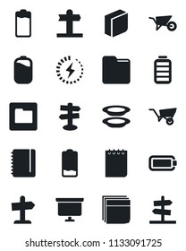 Set of vector isolated black icon - notepad vector, presentation board, wheelbarrow, signpost, battery, low, folder, charge, blank box, plates, guidepost