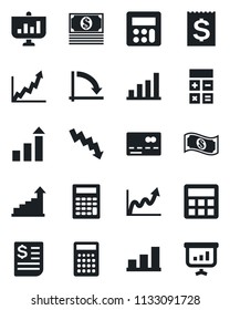 Set of vector isolated black icon - credit card vector, growth statistic, calculator, crisis graph, receipt, bar, cash, presentation