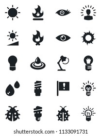 Set of vector isolated black icon - bulb vector, lady bug, fire, sun, eye, important flag, brightness, desk lamp, water, energy saving, shining head, idea
