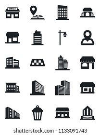 Set of vector isolated black icon - taxi vector, shop, office building, garden light, navigation, store, city house, cafe, storefront