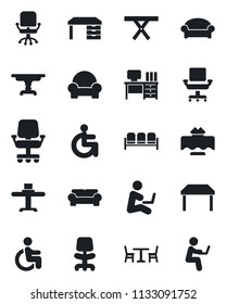 Set of vector isolated black icon - cafe vector, waiting area, office chair, desk, picnic table, disabled, cushioned furniture, restaurant, man with notebook