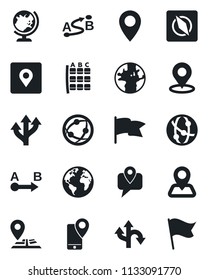 Set of vector isolated black icon - globe vector, seat map, route, navigation, earth, pin, mobile tracking, network, place tag, compass, flag