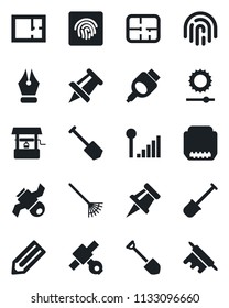 Set of vector isolated black icon - drawing pin vector, job, pencil, shovel, rake, well, satellite, hdmi, brightness, fingerprint id, cellular signal, ink pen, plan, rolling