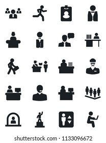 Set of vector isolated black icon - passport control vector, elevator, reception, pedestal, team, manager place, run, doctor, speaker, support, desk, waiter, pass card, man with notebook