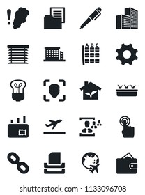 Set of vector isolated black icon - departure vector, seat map, plane globe, seedling, folder document, touch screen, chain, settings, face id, office building, hr, paper tray, pen, mail, eco house