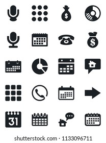 Set of vector isolated black icon - right arrow vector, calendar, circle chart, microphone, menu, phone, home message, money bag