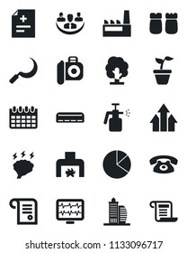 Set of vector isolated black icon - brainstorm vector, calendar, seedling, tree, sickle, garden sprayer, monitor pulse, diagnosis, camera, company, pie graph, office building, fireplace, phone