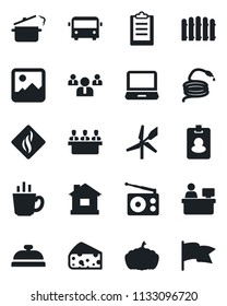 Set of vector isolated black icon - airport bus vector, team, manager place, fence, house, hose, pumpkin, radio, laptop pc, gallery, clipboard, meeting, reception, coffee, steaming pan, cheese, flag