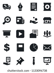 Set of vector isolated black icon - mail vector, dollar sign, presentation board, document, store, oil barrel, search cargo, news, play button, copybook, drawing pin, pie graph, folder, ink pen, tie