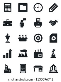 Set of vector isolated black icon - speaking man vector, growth statistic, case, pedestal, pennant, desk, factory, pencil, printer, radio phone, folder, clock, document search, target, meeting, mail