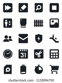 Set of vector isolated black icon - elevator vector, escalator, document search, fence, group, low battery, stop button, fast forward, gallery, protect, calculator, stopwatch, mail, calendar, notes