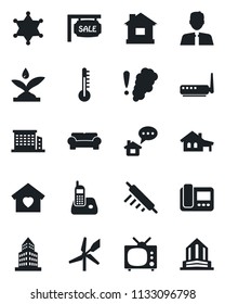 Set of vector isolated black icon - house vector, radio phone, office building, with garage, sale, estate agent, cushioned furniture, sweet home, tv, rolling pin, irrigation, router, intercome