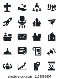 Set of vector isolated black icon - team vector, manager place, mobile tracking, meeting, hierarchy, arrow up graph, rocket, wallet, growth, office chair, investment, paper plane, certificate, mail