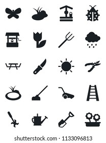 Set of vector isolated black icon - shovel vector, farm fork, ladder, watering can, pruner, lawn mower, butterfly, lady bug, sun, rain, well, hoe, garden knife, pond, picnic table, ripper, tulip