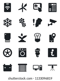 Set of vector isolated black icon - mobile tracking vector, fan, irrigation, snowflake, pc, home control app, gear, washer, smoke detector, bulb, energy saving, jalousie, combination lock, windmill