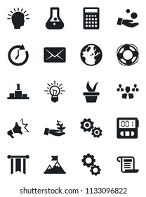 Set of vector isolated black icon - seedling vector, stopwatch, group, gear, palm sproute, shining head, motivation, clock, pennon, earth, investment, idea, flask, calculator, crisis management