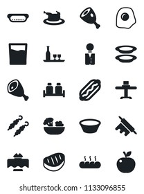 Set of vector isolated black icon - waiter vector, alcohol, restaurant table, drink, salad, plates, salt and pepper, bread, chicken, steak, kebab, ham, hot dog, bowl, rolling pin, omelette