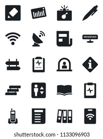 Set of vector isolated black icon - elevator vector, signpost, bomb in case, reception, book, pen, document, pulse clipboard, office phone, barcode, satellite antenna, notes, wireless, news, tray