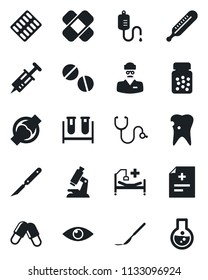 Set Of Vector Isolated Black Icon - Diagnosis Vector, Stethoscope, Syringe, Blood Test Vial, Dropper, Thermometer, Microscope, Pills, Bottle, Blister, Scalpel, Patch, Hospital Bed, Caries, Eye