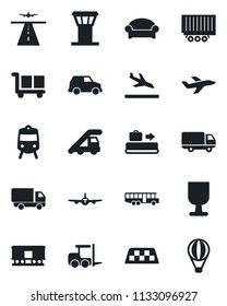 Set of vector isolated black icon - airport tower vector, runway, taxi, arrival, baggage conveyor, bus, train, waiting area, fork loader, ladder car, plane, truck trailer, delivery, fragile, cargo