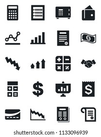 Set of vector isolated black icon - safe vector, handshake, dollar sign, calculator, crisis graph, receipt, bar, abacus, point, contract, credit card, arrow up, wallet, cash, presentation