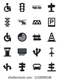 Set of vector isolated black icon - airport tower vector, plane radar, taxi, bus, parking, signpost, border cone, helicopter, disabled, route, traffic light, truck trailer, guidepost