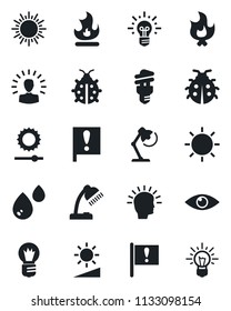 Set of vector isolated black icon - sun vector, bulb, lady bug, fire, eye, important flag, brightness, desk lamp, water, energy saving, shining head, idea