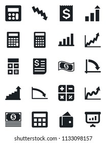 Set of vector isolated black icon - growth statistic vector, calculator, crisis graph, receipt, bar, wallet, cash, presentation
