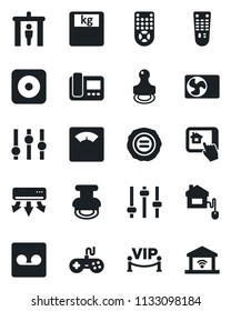 Set of vector isolated black icon - security gate vector, stamp, scales, gamepad, settings, remote control, rec button, tuning, record, air conditioner, vip zone, home, intercome, app, garage