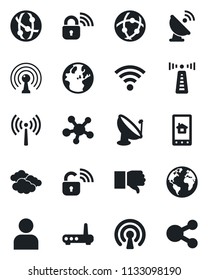 Set of vector isolated black icon - antenna vector, clouds, earth, satellite, network, share, finger down, user, wireless, lock, router, home control app, social media