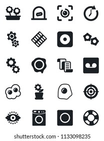 Set of vector isolated black icon - ticket office vector, gear, contract, stamp, pills blister, rec button, record, eye id, target, flower in pot, omelette, washer, clock, crisis management