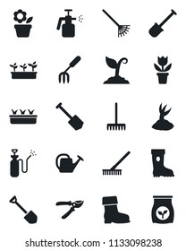 Set of vector isolated black icon - job vector, flower in pot, garden fork, shovel, rake, watering can, sproute, pruner, boot, seedling, sprayer, fertilizer