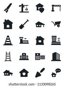 Set of vector isolated black icon - barrier vector, border cone, airport building, office, trowel, shovel, ladder, wheelbarrow, saw, house, hospital, with garage, sweet home, crane, message