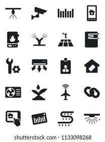 Set of vector isolated black icon - plane radar vector, identity card, drip irrigation, barcode, chain, root setup, smart home, water heater, air conditioner, control app, warm floor, surveillance
