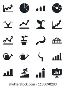 Set of vector isolated black icon - growth statistic vector, seedling, watering can, sproute, sickle, greenhouse, bar graph, pie, point, career ladder, irrigation, arrow up, presentation