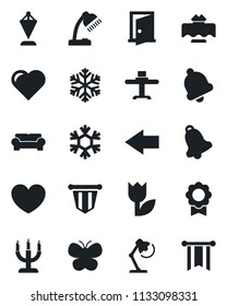 Set of vector isolated black icon - left arrow vector, pennant, butterfly, heart, tulip, bell, sertificate, desk lamp, cushioned furniture, restaurant table, candle, snowflake, door, pennon
