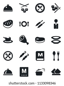 Set of vector isolated black icon - spoon and fork vector, waiter, dish, cafe, menu, plates, chicken, steak, kebab, ham, steaming pan, sushi, serviette