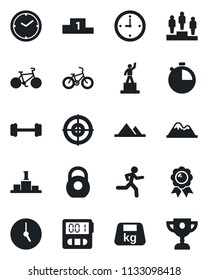 Set of vector isolated black icon - pedestal vector, medal, barbell, bike, run, heavy, clock, stopwatch, target, mountains, award cup