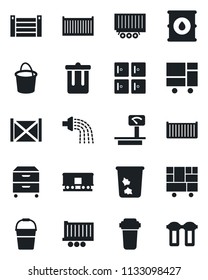 Set of vector isolated black icon - trash bin vector, checkroom, bucket, watering, truck trailer, cargo container, consolidated, oil barrel, heavy scales, railroad, archive box, water filter