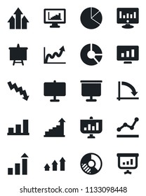 Set of vector isolated black icon - growth statistic vector, presentation board, crisis graph, monitor, circle chart, statistics, bar, pie, point, arrow up