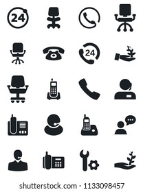 Set of vector isolated black icon - 24 around vector, office chair, phone, hours, support, speaker, radio, call, root setup, palm sproute