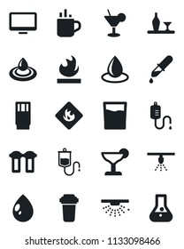 Set of vector isolated black icon - hot cup vector, water drop, dropper, flammable, monitor, alcohol, drink, cocktail, filter, sprinkler, flask