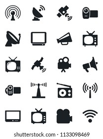 Set of vector isolated black icon - antenna vector, satellite, radio, loudspeaker, tv, video camera, wireless