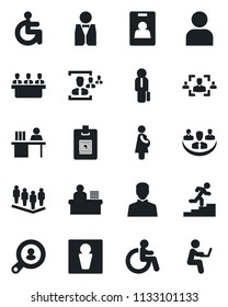 Set of vector isolated black icon - male vector, disabled, team, pregnancy, user, company, identity card, hr, manager desk, meeting, career ladder, client search, waiter, man with notebook